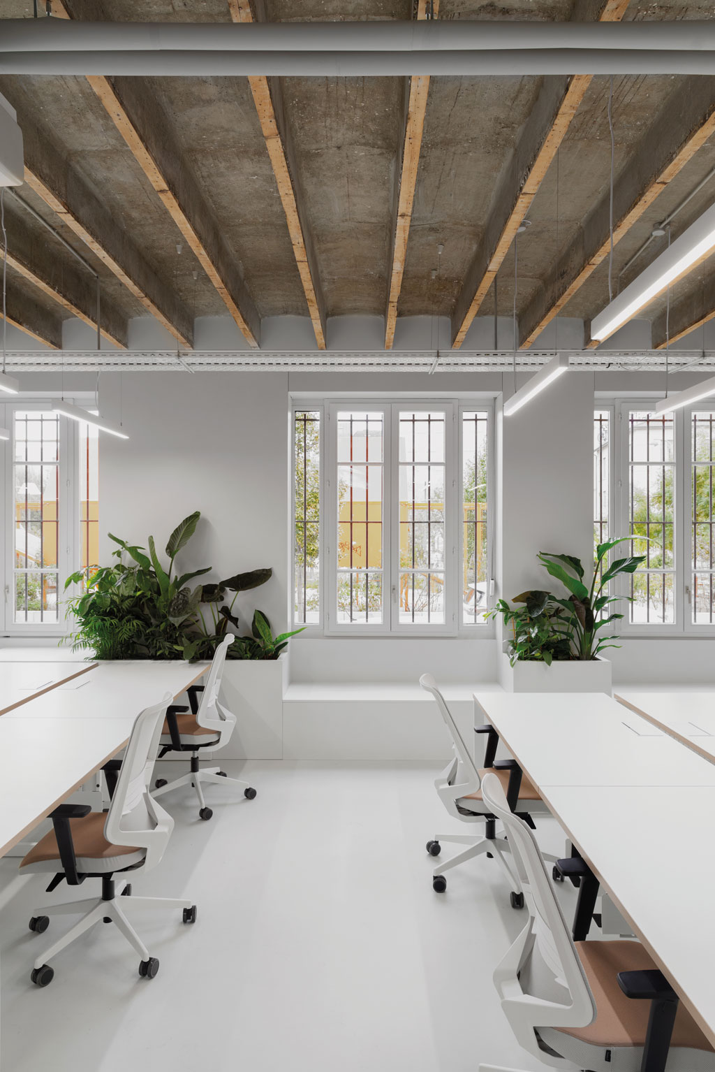 Bureau sobre au fond duquel on aperçoit deux magnifiques jardinières très végétalisées.