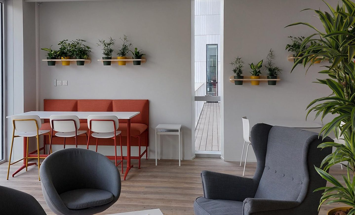 Salle de repos, plante au premier plan à droite et au second plan les étagères murales de notre gamme de mobilier MAM fabriquée en bois à Lyon.