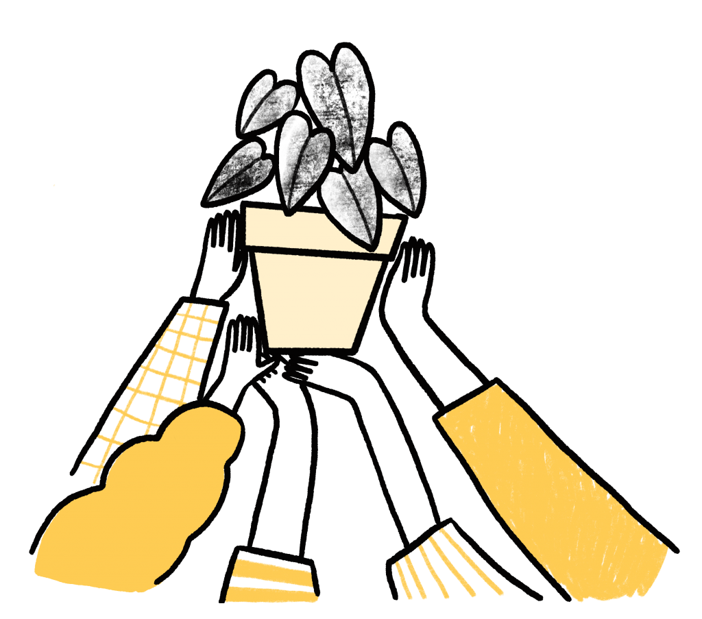 Illustration représentant un pot de plante en haut au centre portait par 5 bras différent illustrant l'engagement dans un projet commun