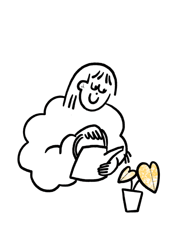 Illustration d'un personnage arrosant une petite plante.